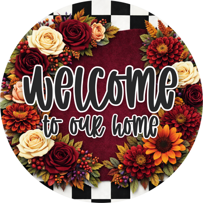 Maroon and Black Checkered Welcome to Our Home with Rose Round Wreath Sign