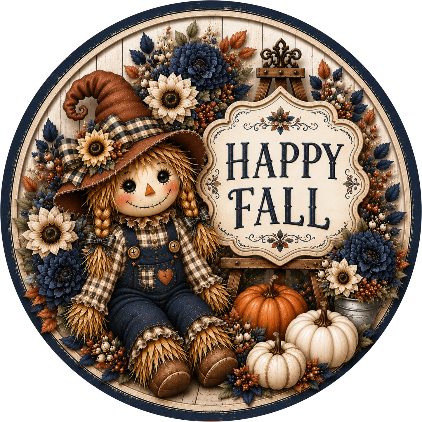 Navy Plaid Happy Fall Scarecrow with Pumpkin Round Wreath Sign