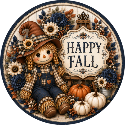 Navy Plaid Happy Fall Scarecrow with Pumpkin Round Wreath Sign