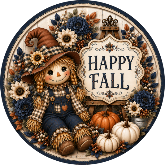 Navy Plaid Happy Fall Scarecrow with Pumpkin Round Wreath Sign