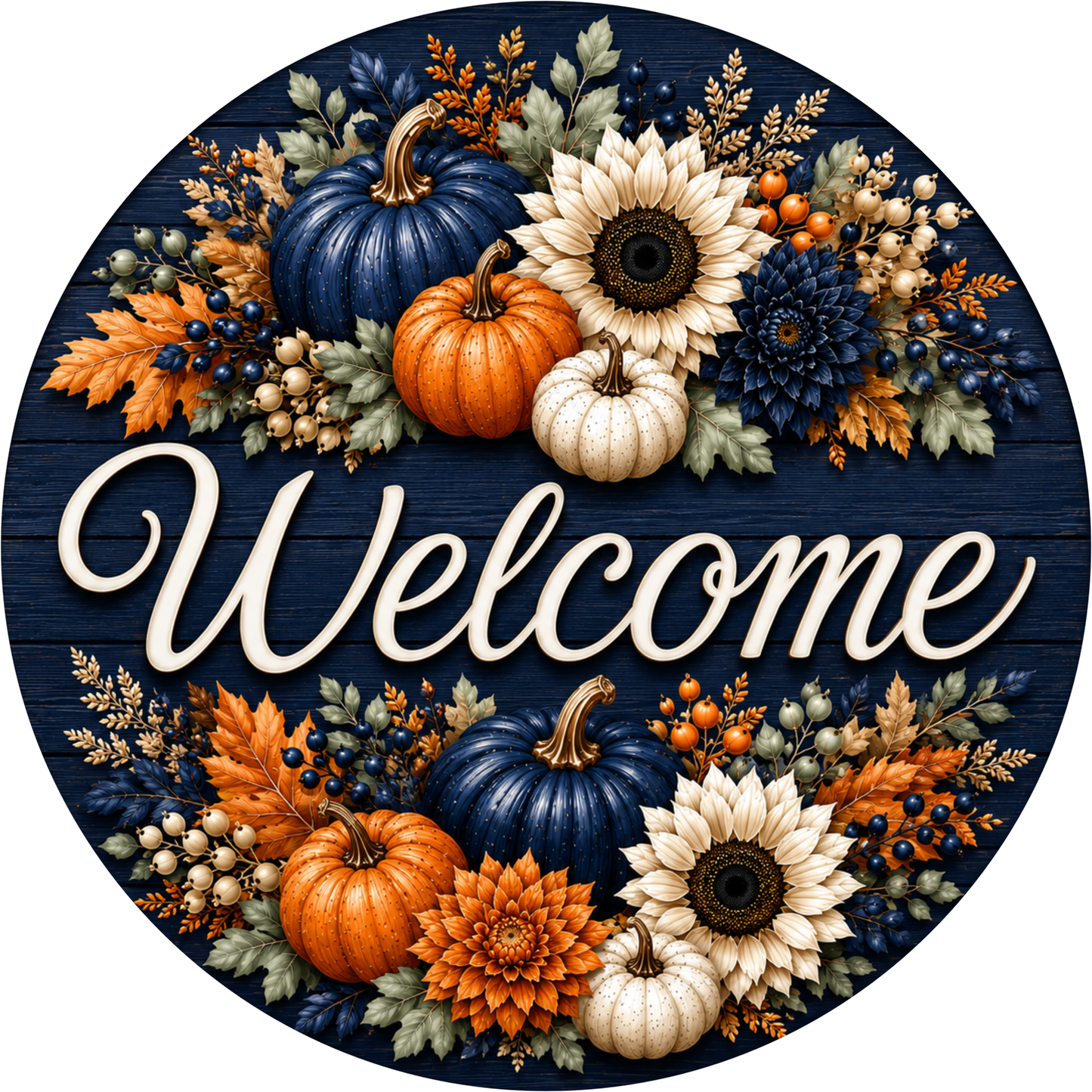 Navy Welcome with Sunflower and Pumpkin Round Wreath Sign