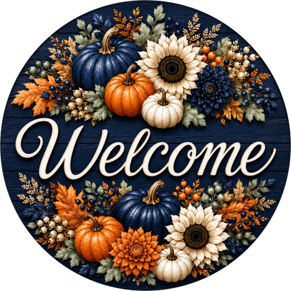 Navy Welcome with Sunflower and Pumpkin Round Wreath Sign