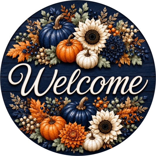 Navy Welcome with Sunflower and Pumpkin Round Wreath Sign