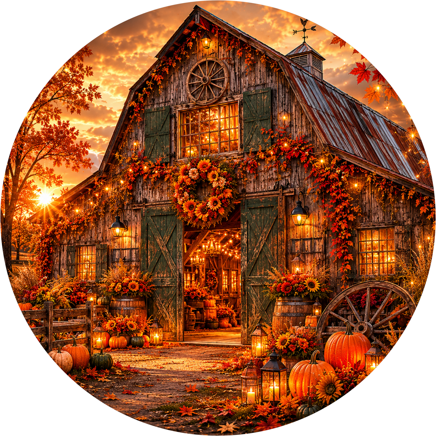 Orange Glow Farmhouse and Barn at Dusk Round Wreath Sign