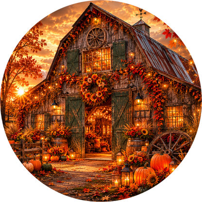Orange Glow Farmhouse and Barn at Dusk Round Wreath Sign