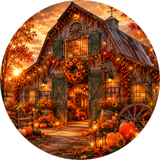 Orange Glow Farmhouse and Barn at Dusk Round Wreath Sign