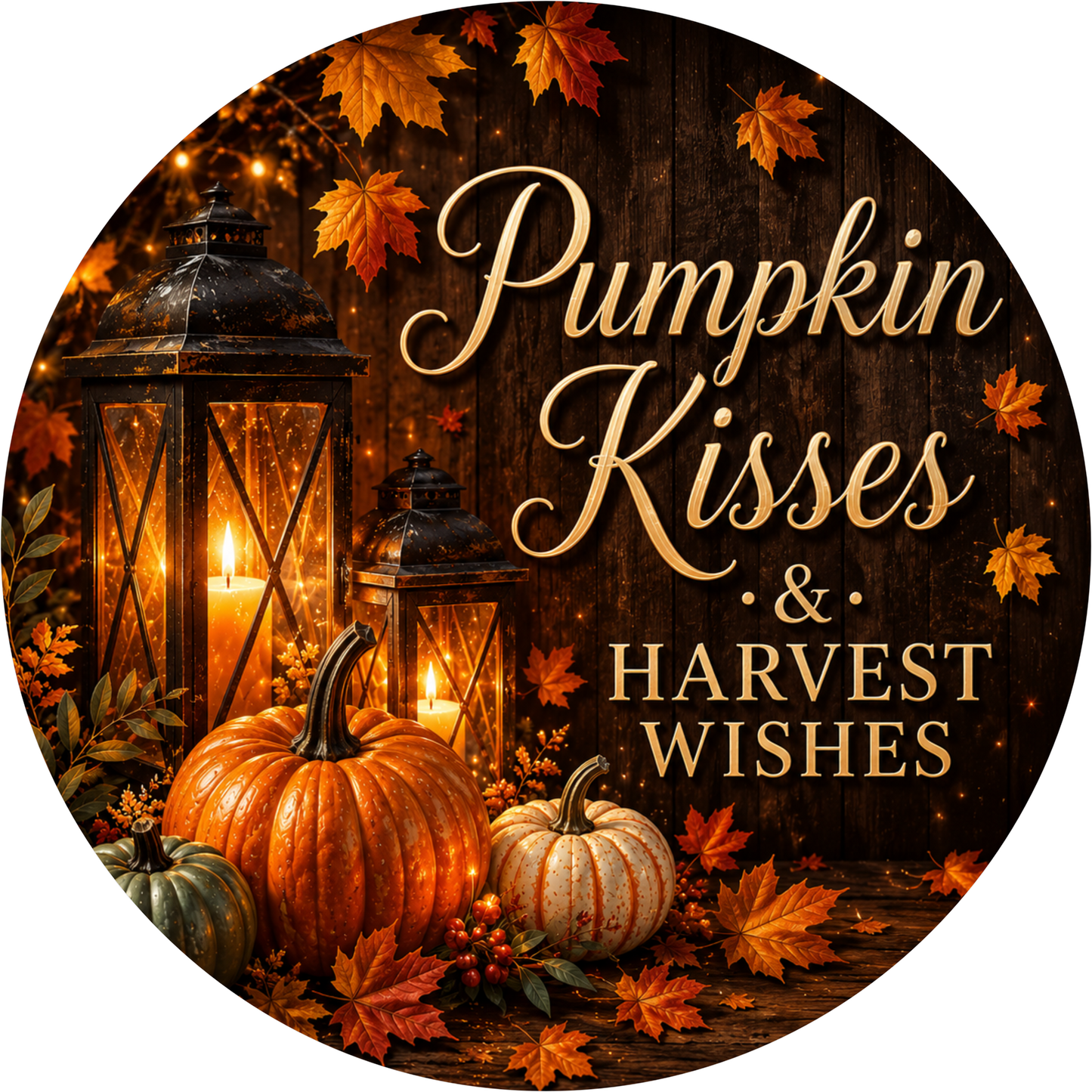 Pumpkin Kisses and Harvest Wishes with Lantern Round Wreath Sign