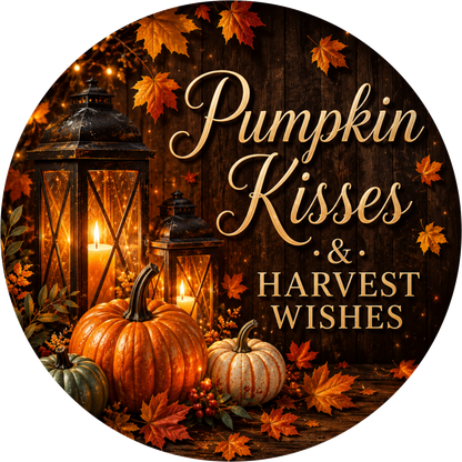 Pumpkin Kisses and Harvest Wishes with Lantern Round Wreath Sign