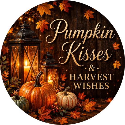 Pumpkin Kisses and Harvest Wishes with Lantern Round Wreath Sign