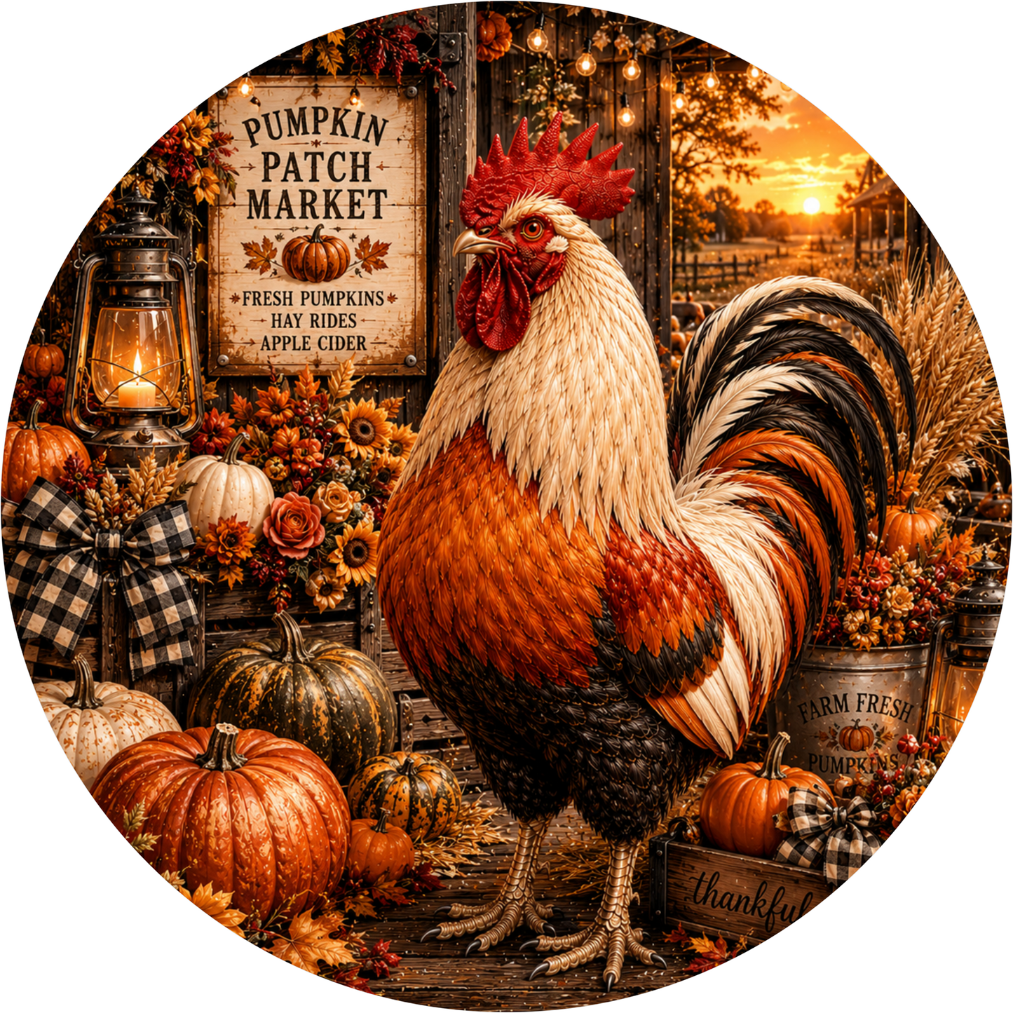 Pumpkin Patch Market with Rooster Lantern and Barn Round Wreath Sign