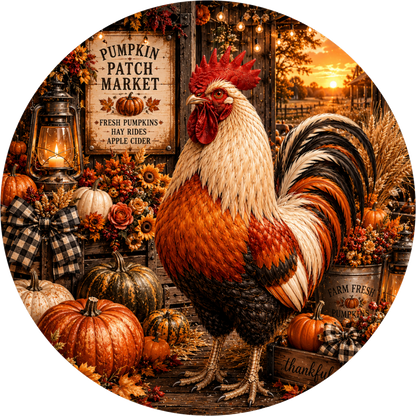 Pumpkin Patch Market with Rooster Lantern and Barn Round Wreath Sign