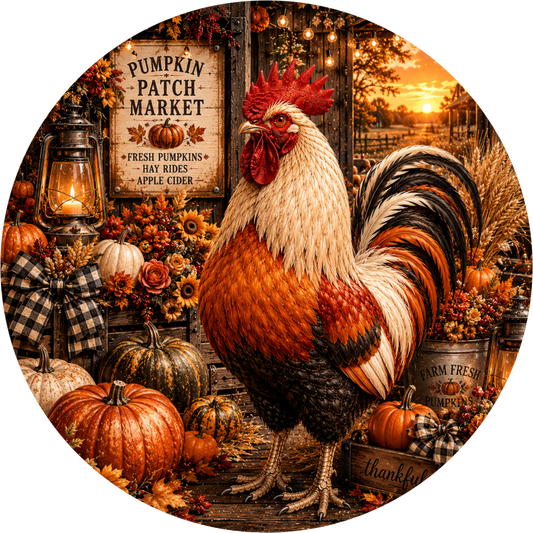 Pumpkin Patch Market with Rooster Lantern and Barn Round Wreath Sign