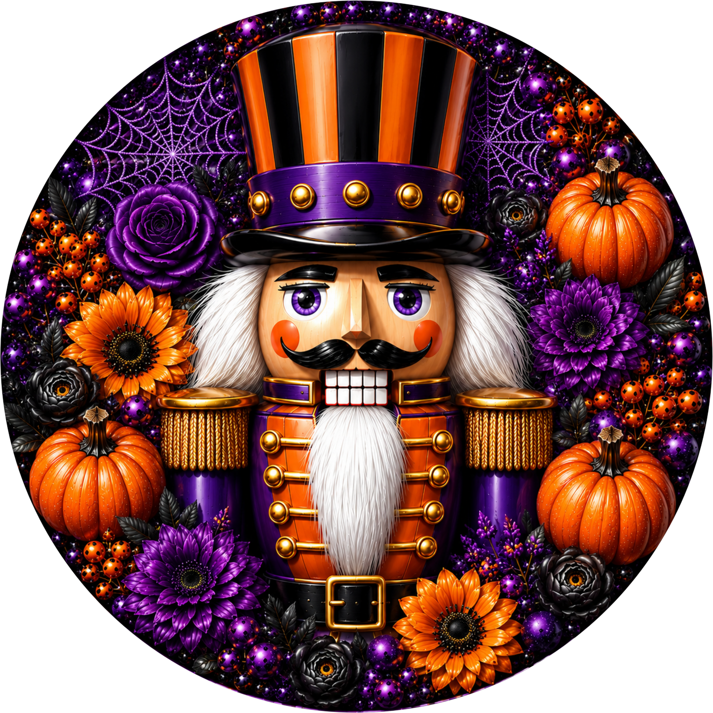 Purple and Orange Nutcracker with Pumpkin Round Wreath Sign