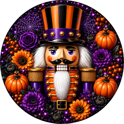 Purple and Orange Nutcracker with Pumpkin Round Wreath Sign
