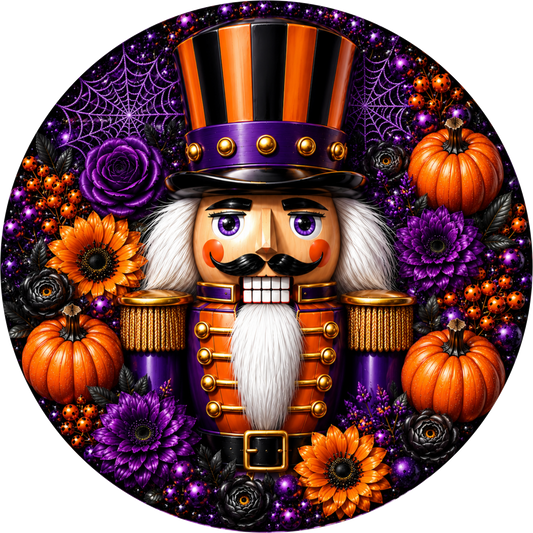Purple and Orange Nutcracker with Pumpkin Round Wreath Sign