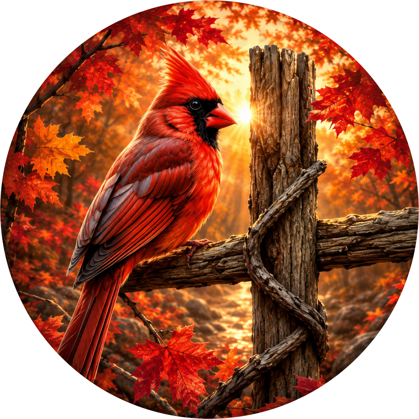 Red Cardinal with Fall Leaves Round Wreath Sign