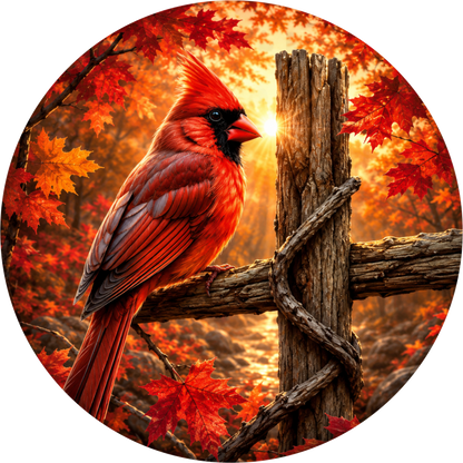 Red Cardinal with Fall Leaves Round Wreath Sign