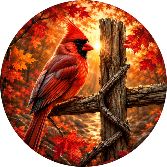 Red Cardinal with Fall Leaves Round Wreath Sign