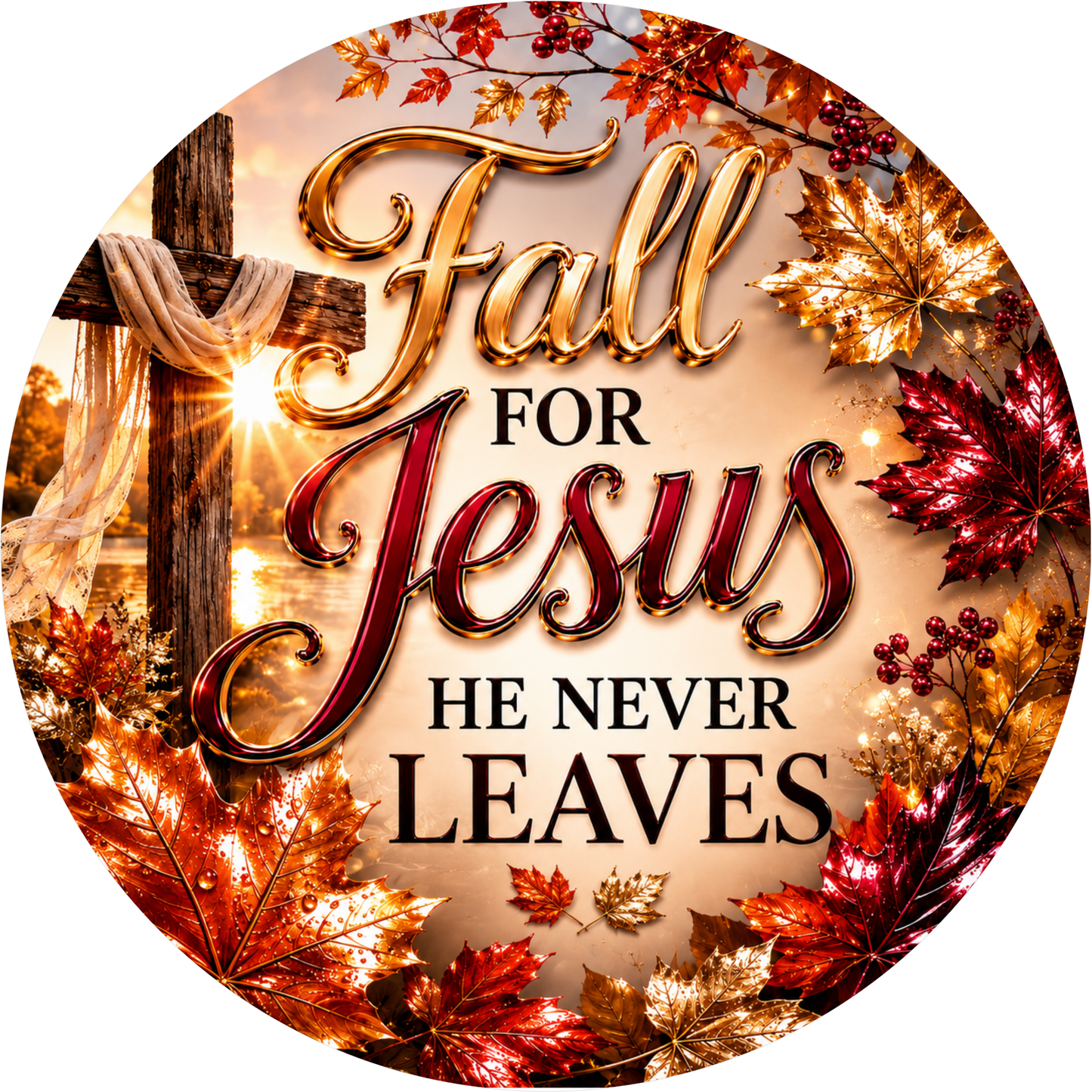 Fall for Jesus He Never Leaves Round Wreath Sign