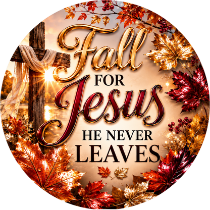 Fall for Jesus He Never Leaves Round Wreath Sign