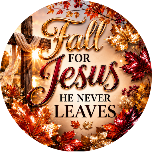Fall for Jesus He Never Leaves Round Wreath Sign