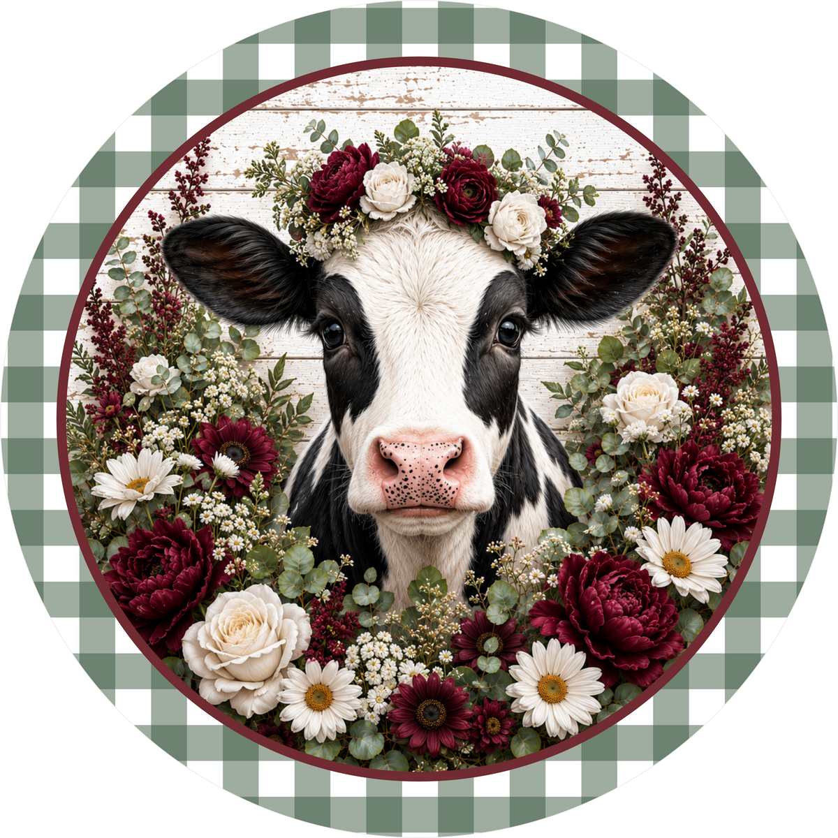 Sage Green Dairy Cow with Florals Round Wreath Sign