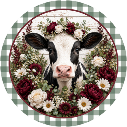 Sage Green Dairy Cow with Florals Round Wreath Sign