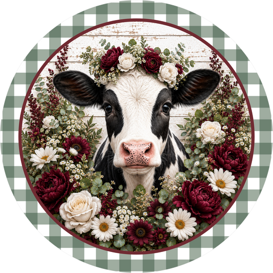 Sage Green Dairy Cow with Florals Round Wreath Sign