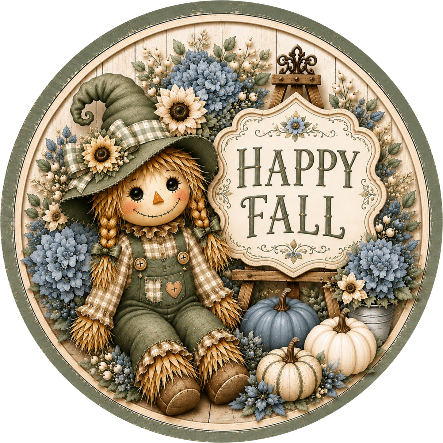 Sage Green and Dusty Blue Happy Fall Scarecrow with White Pumpkin Round Wreath Sign