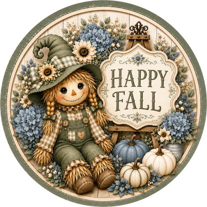 Sage Green and Dusty Blue Happy Fall Scarecrow with White Pumpkin Round Wreath Sign