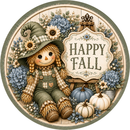 Sage Green and Dusty Blue Happy Fall Scarecrow with White Pumpkin Round Wreath Sign