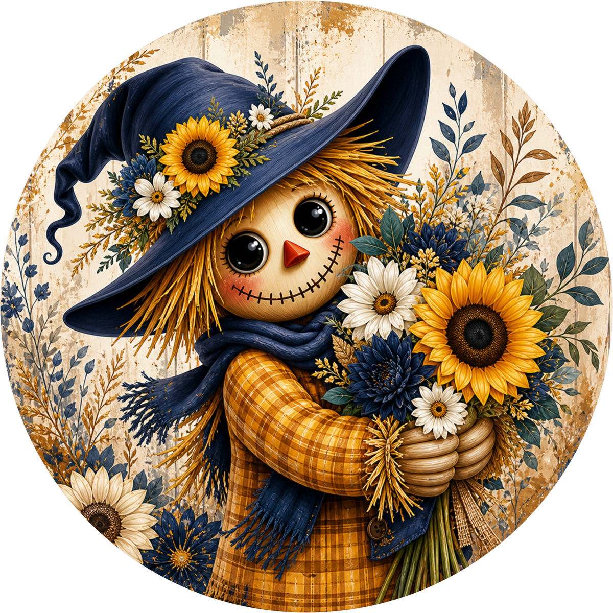 Scarecrow Girl in Witch Hat with Sunflower Round Wreath Sign