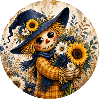 Scarecrow Girl in Witch Hat with Sunflower Round Wreath Sign
