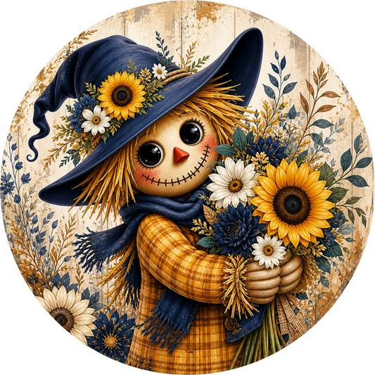 Scarecrow Girl in Witch Hat with Sunflower Round Wreath Sign