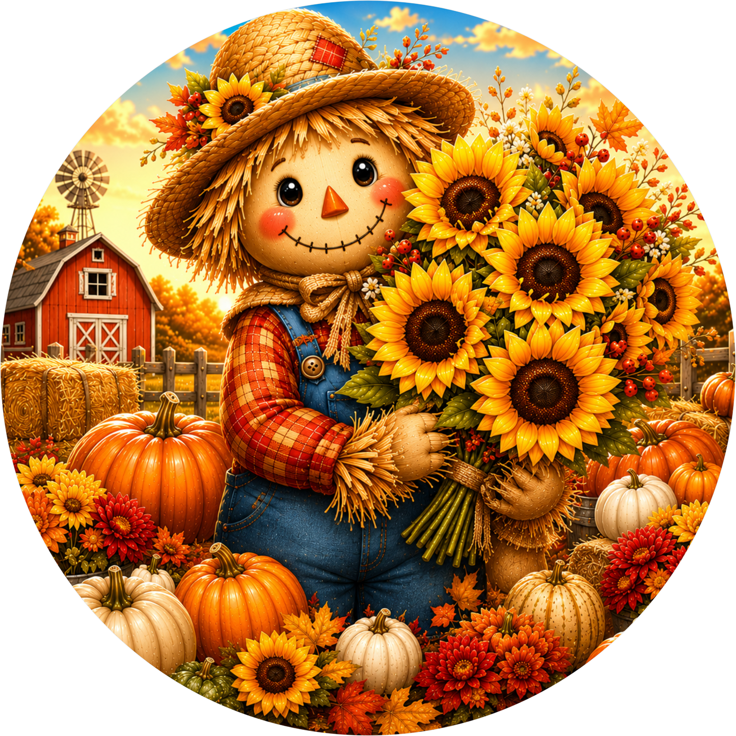 Scarecrow and Sunflower with Red Barn Round Wreath Sign