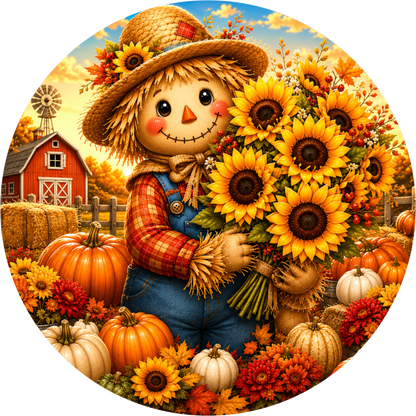 Scarecrow and Sunflower with Red Barn Round Wreath Sign