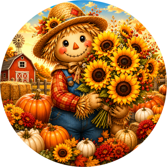 Scarecrow and Sunflower with Red Barn Round Wreath Sign