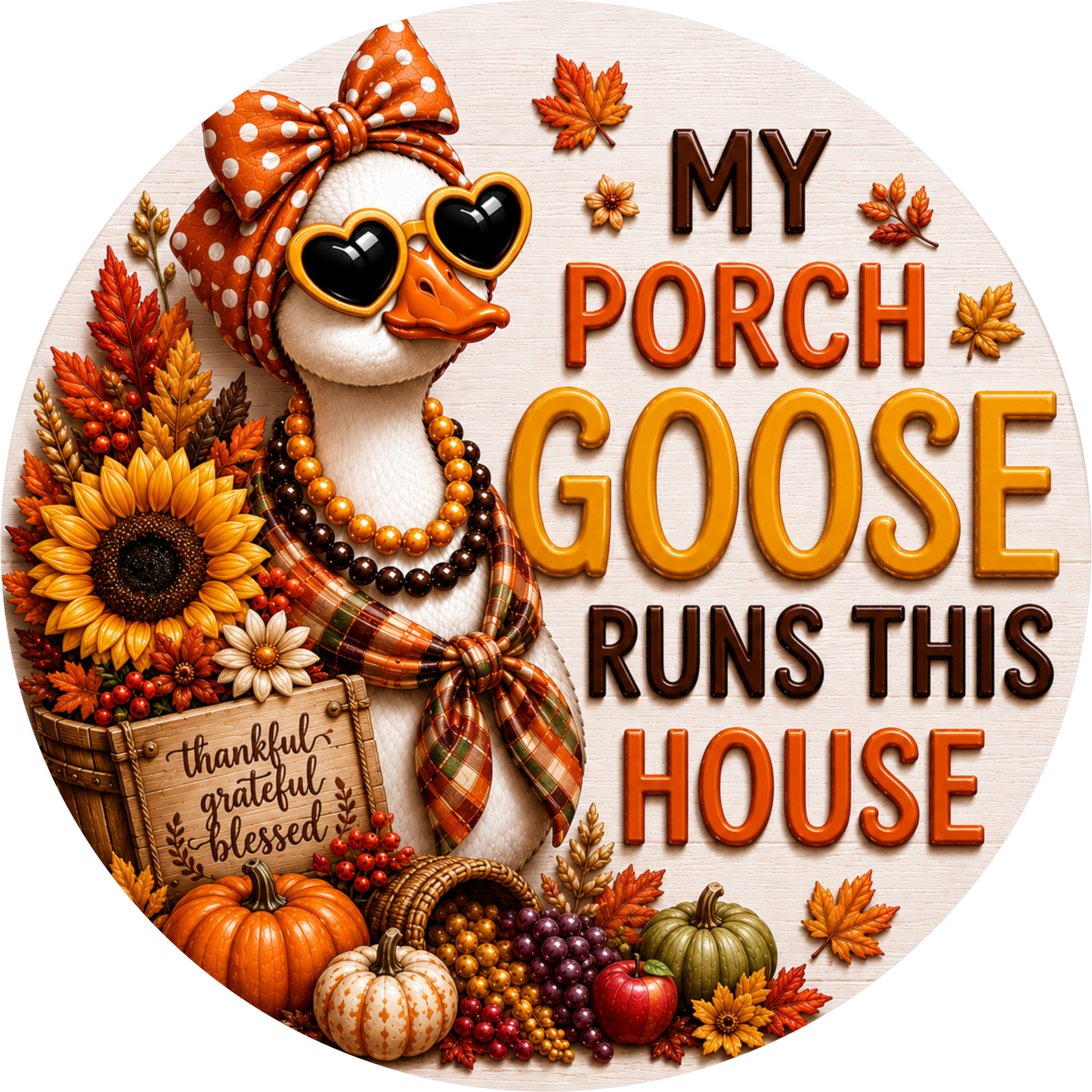 My Porch Goose Runs This House with Sunflower and Owl Round Wreath Sign