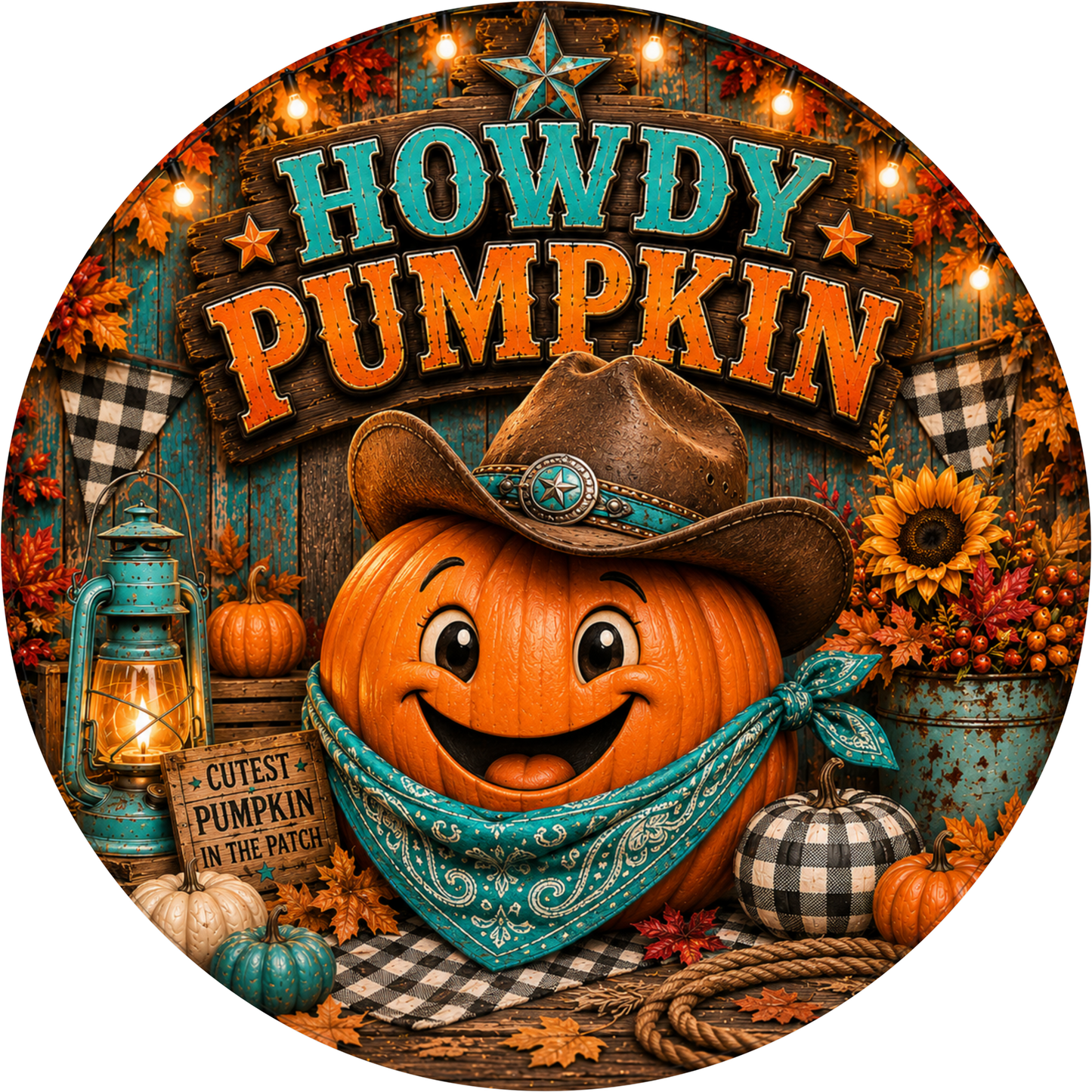 Teal Buffalo Plaid Howdy with Pumpkin and Scarecrow Round Wreath Sign