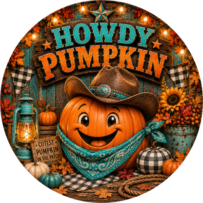 Teal Buffalo Plaid Howdy with Pumpkin and Scarecrow Round Wreath Sign