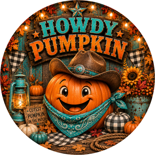 Teal Buffalo Plaid Howdy with Pumpkin and Scarecrow Round Wreath Sign