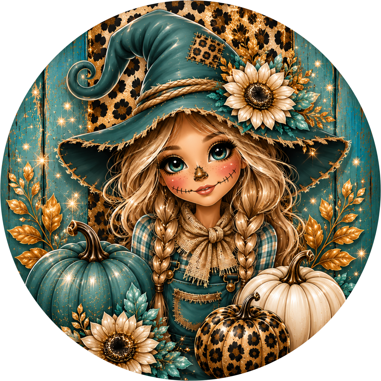 Teal Leopard Print Girl in Witch Hat with Sunflower Round Wreath Sign