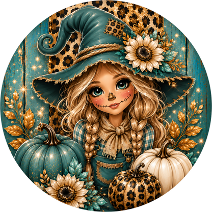 Teal Leopard Print Girl in Witch Hat with Sunflower Round Wreath Sign
