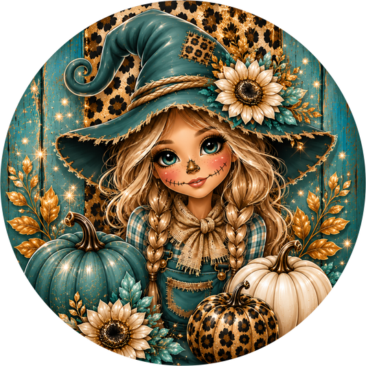Teal Leopard Print Girl in Witch Hat with Sunflower Round Wreath Sign