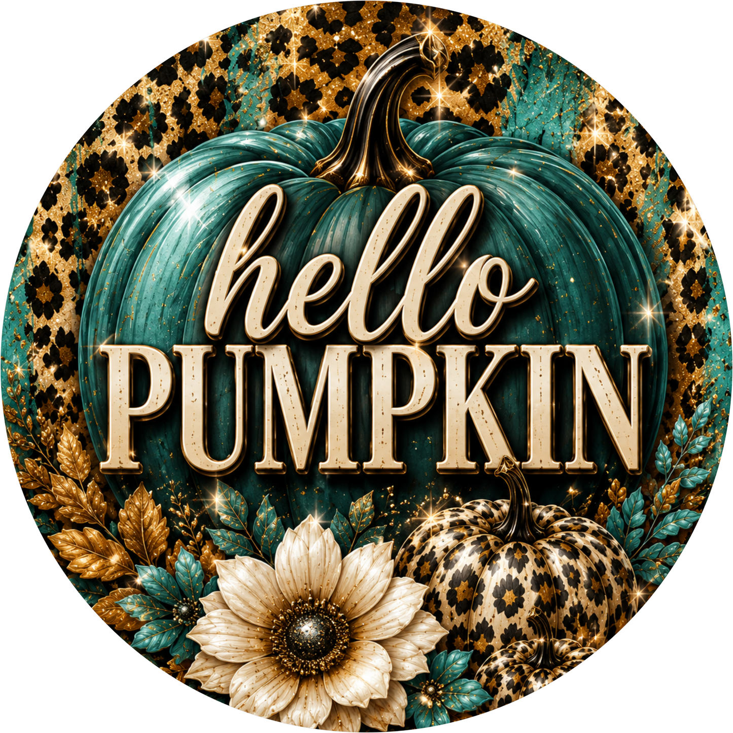 Teal Leopard Print Hello Pumpkin Round Wreath Sign