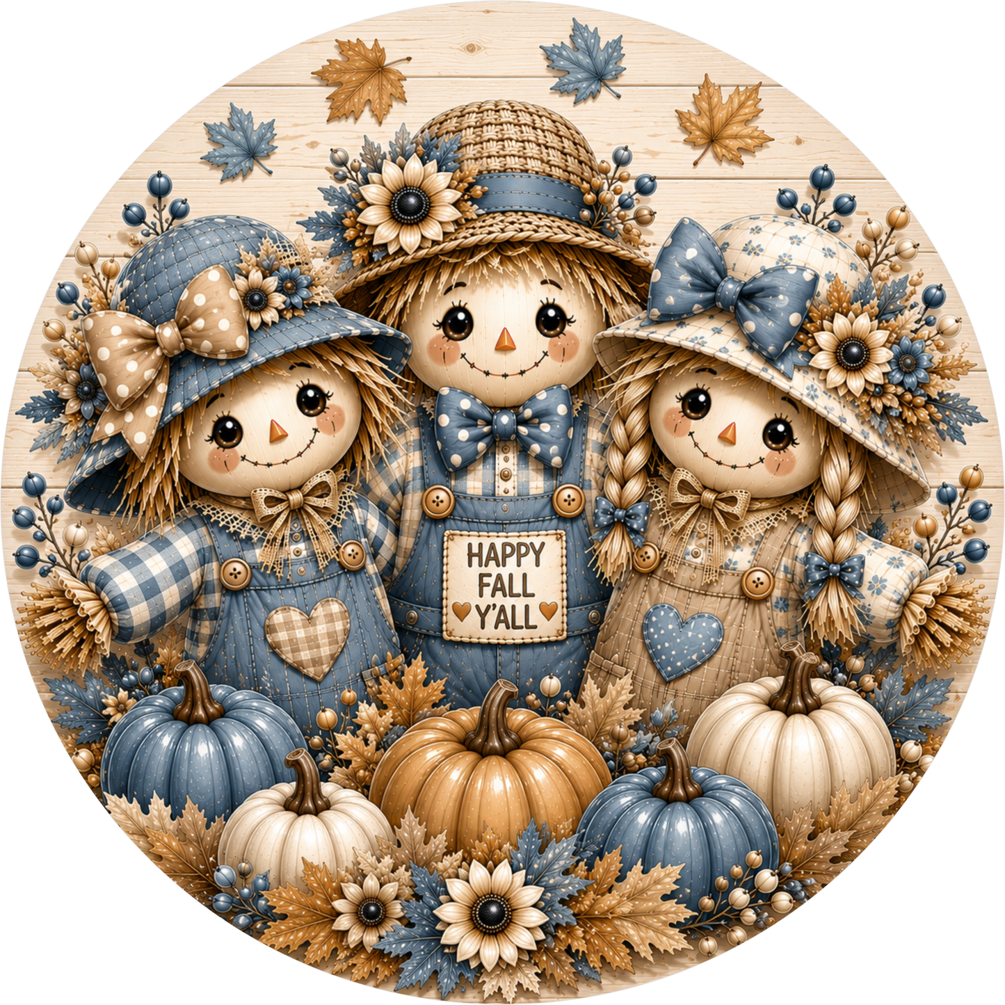 Dusty Blue Scarecrow Trio Round Wreath Sign