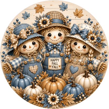 Dusty Blue Scarecrow Trio Round Wreath Sign