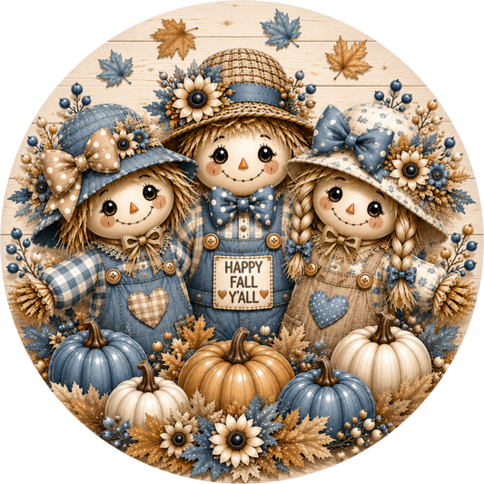 Dusty Blue Scarecrow Trio Round Wreath Sign