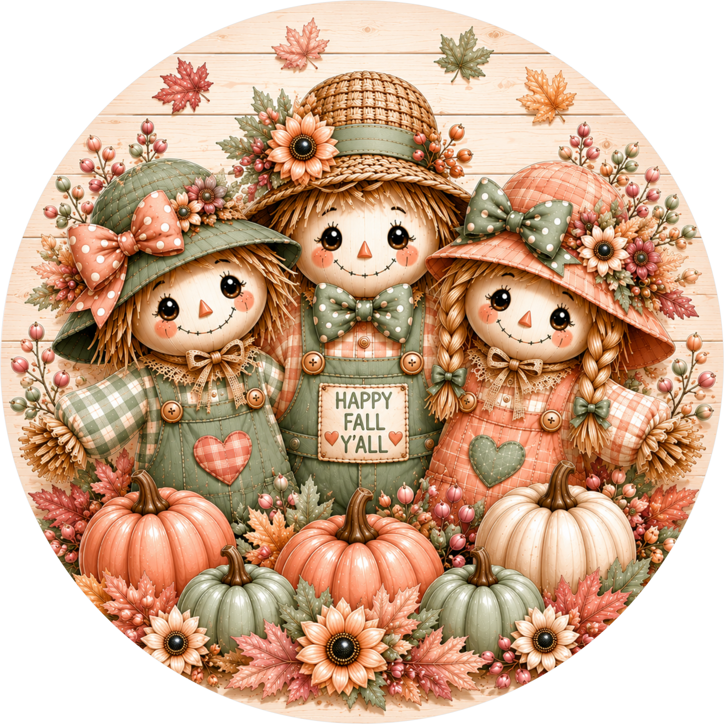 Pastel Scarecrow Trio Round Wreath Sign