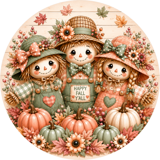 Pastel Scarecrow Trio Round Wreath Sign